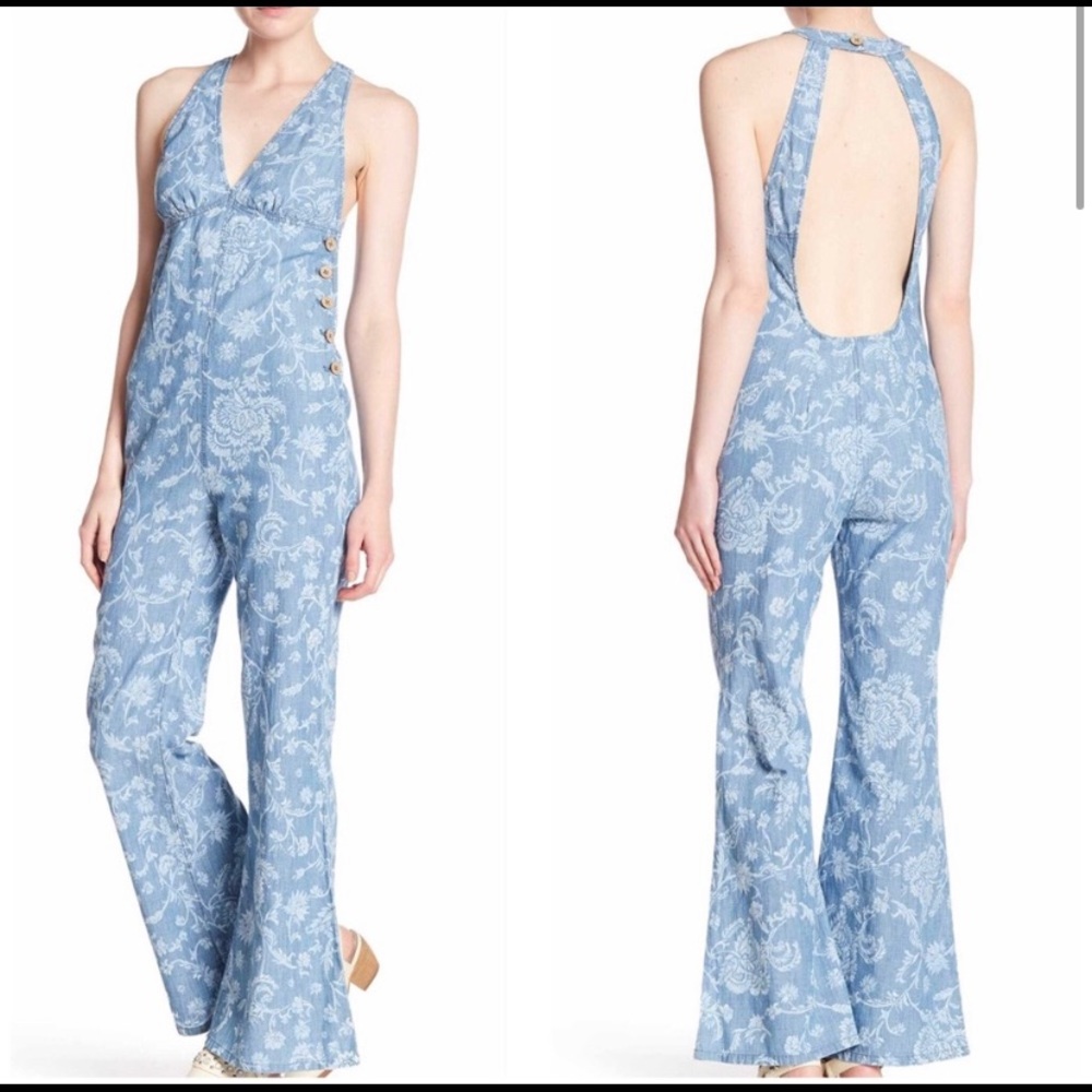 Free People Floral Jean Jumpsuit Overalls